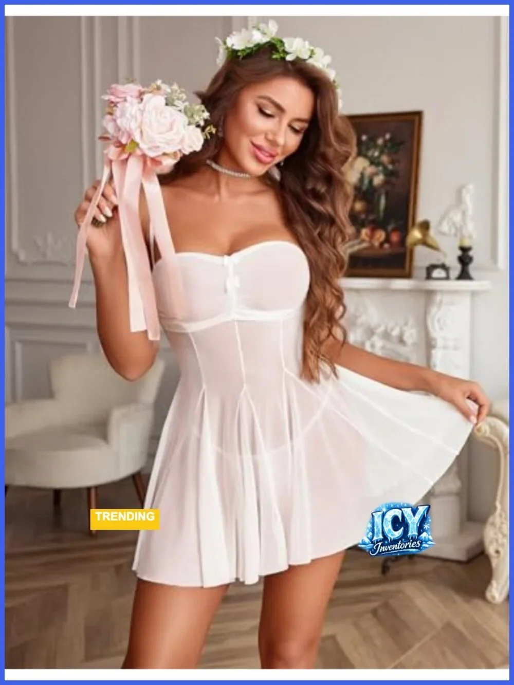 Sheer Mesh Babydoll Lingerie with Underwire and Thong